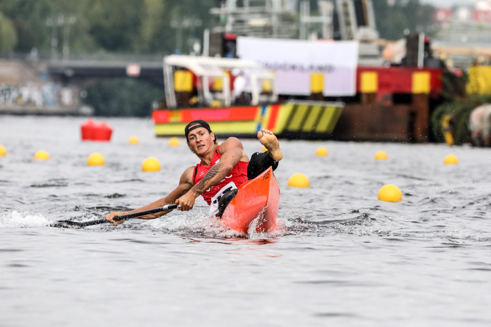 Yul canoing for the world record and almost falling into the water.